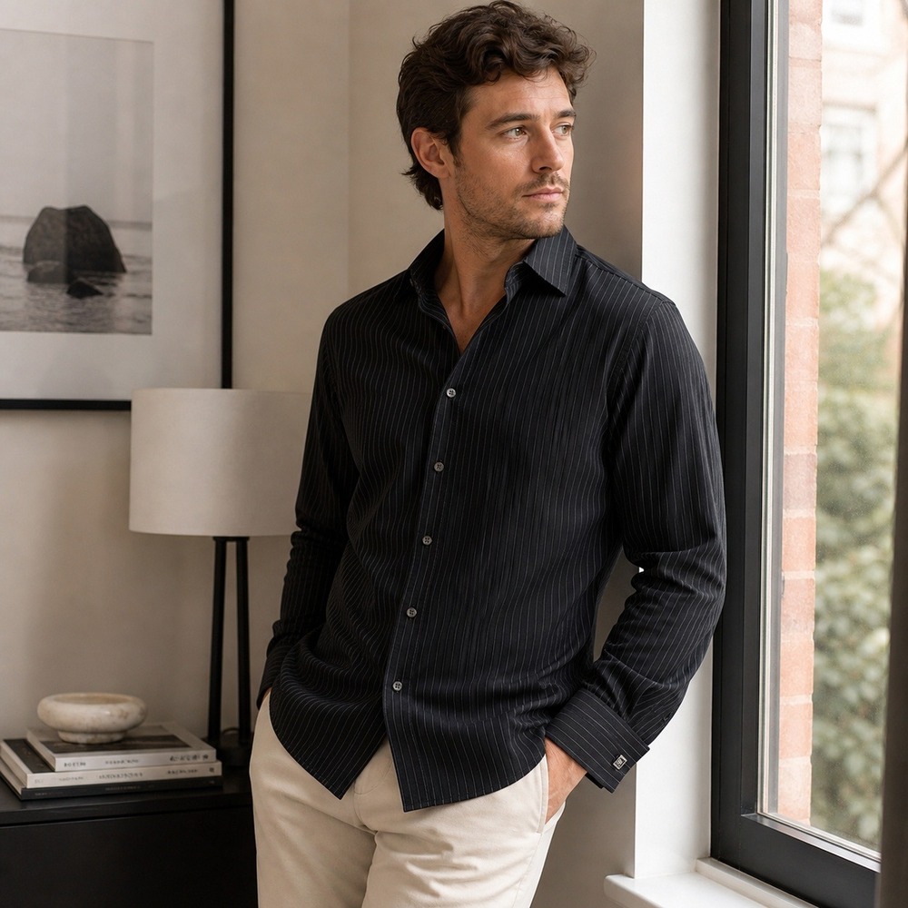 Theory Patrick Button Down Shirt French Cuff Black Pinstripe Twill Men's Medium